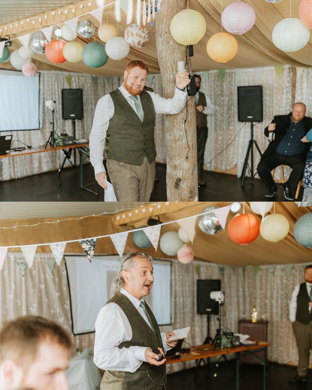 Man in vest gives wedding speech under colorful balloon decorations in a festive tent venue.