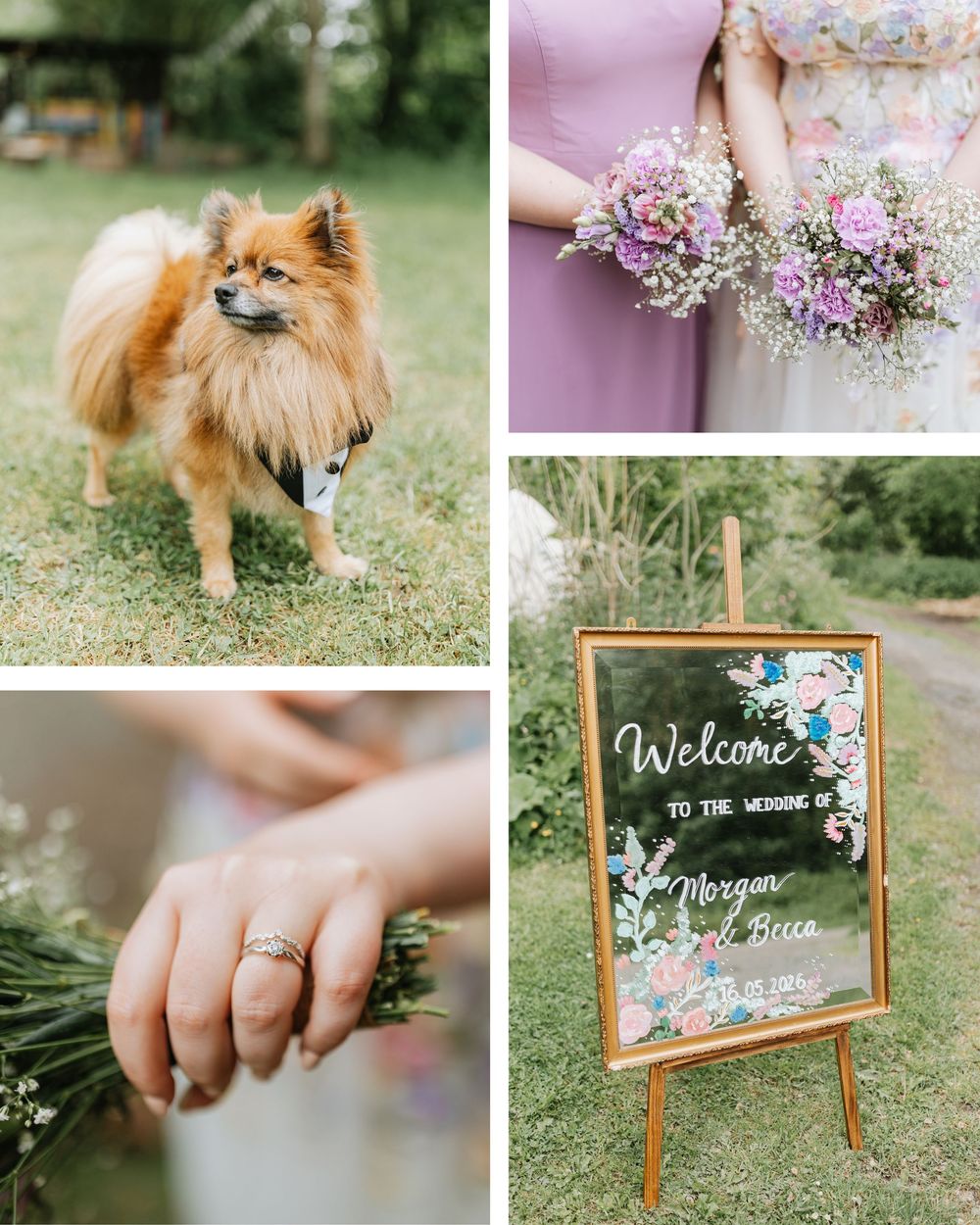 Collage of wedding details featuring a Pomeranian in a bow tie, bridesmaid with bouquet, engagement ring, and welcome sign.