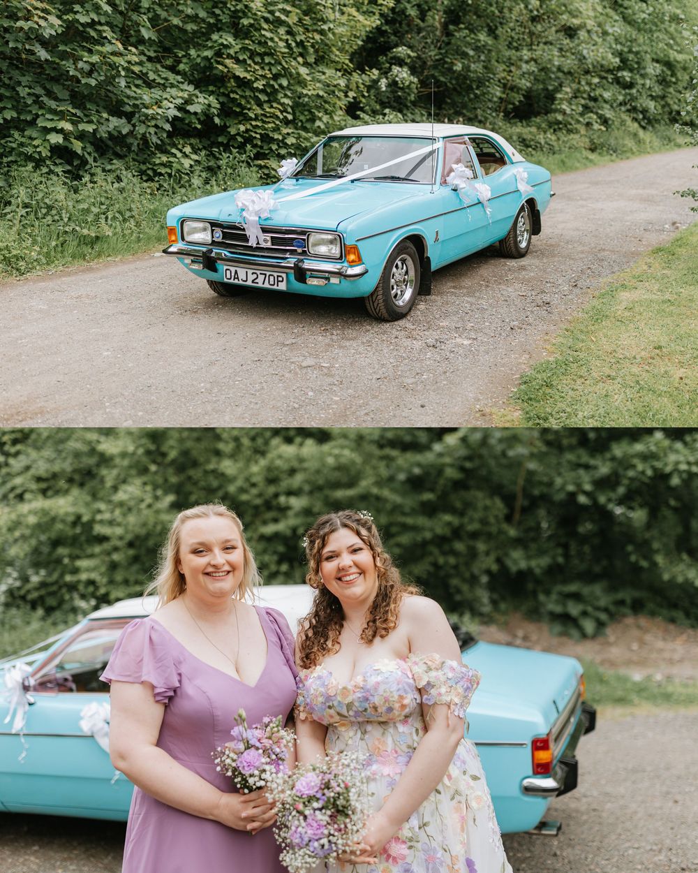 Vintage turquoise wedding car decorated with white ribbon, bride in floral dress and bridesmaid in lilac holding bouquets.