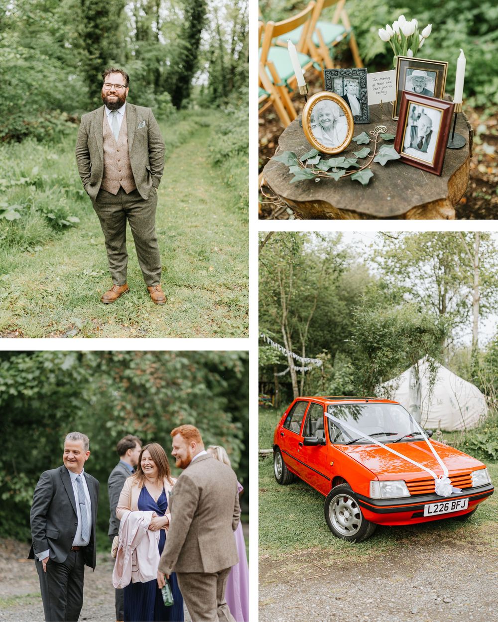 Wedding collage featuring groom in tweed suit, guests mingling, memorial photo display, and a red Peugeot 205 decorated with white ribbons.