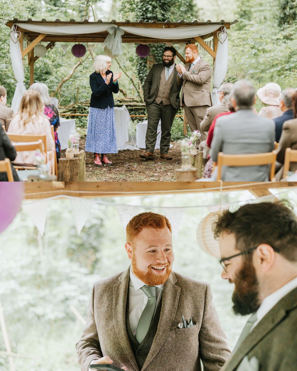 Outdoor woodland wedding ceremony with groom in brown tweed suit smiling joyfully at guests seated on wooden chairs.