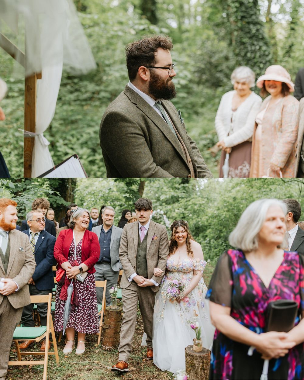 Outdoor woodland wedding ceremony with guests watching groom in brown suit and bride in floral dress surrounded by lush greenery.