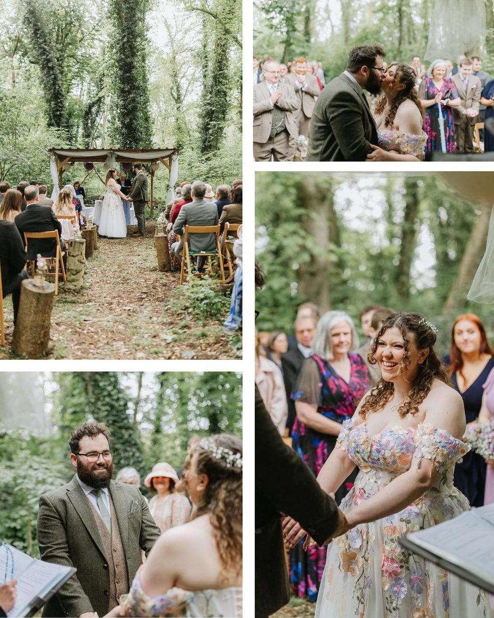 Outdoor woodland wedding ceremony with guests seated along a forest aisle as the couple exchanges vows at a rustic altar.