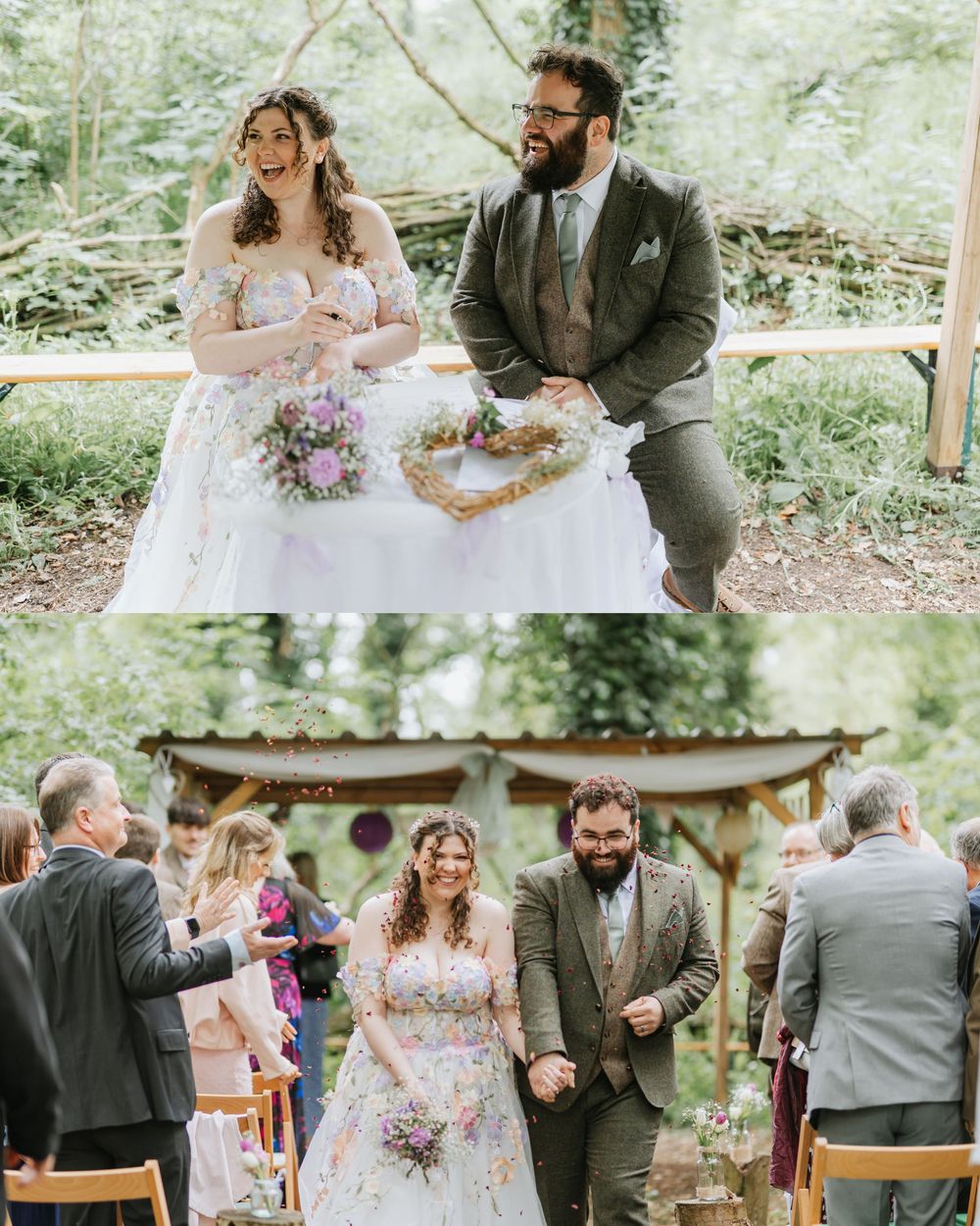 Bride and groom smile joyfully during outdoor woodland wedding ceremony, bride holding wildflower bouquet in floral gown.