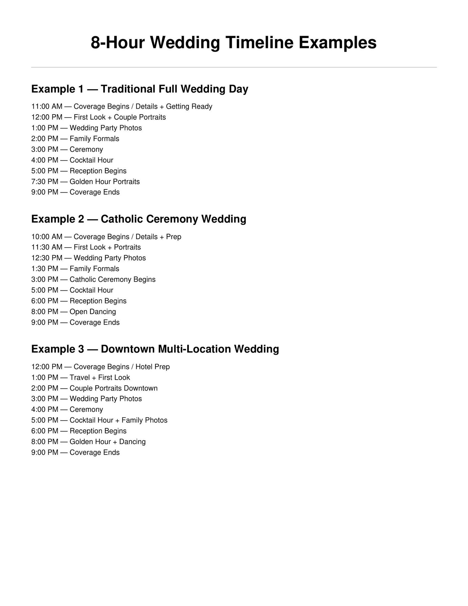 An 8-hour wedding timeline examples chart showing three sample schedules for traditional, Catholic, and downtown multi-location weddings.