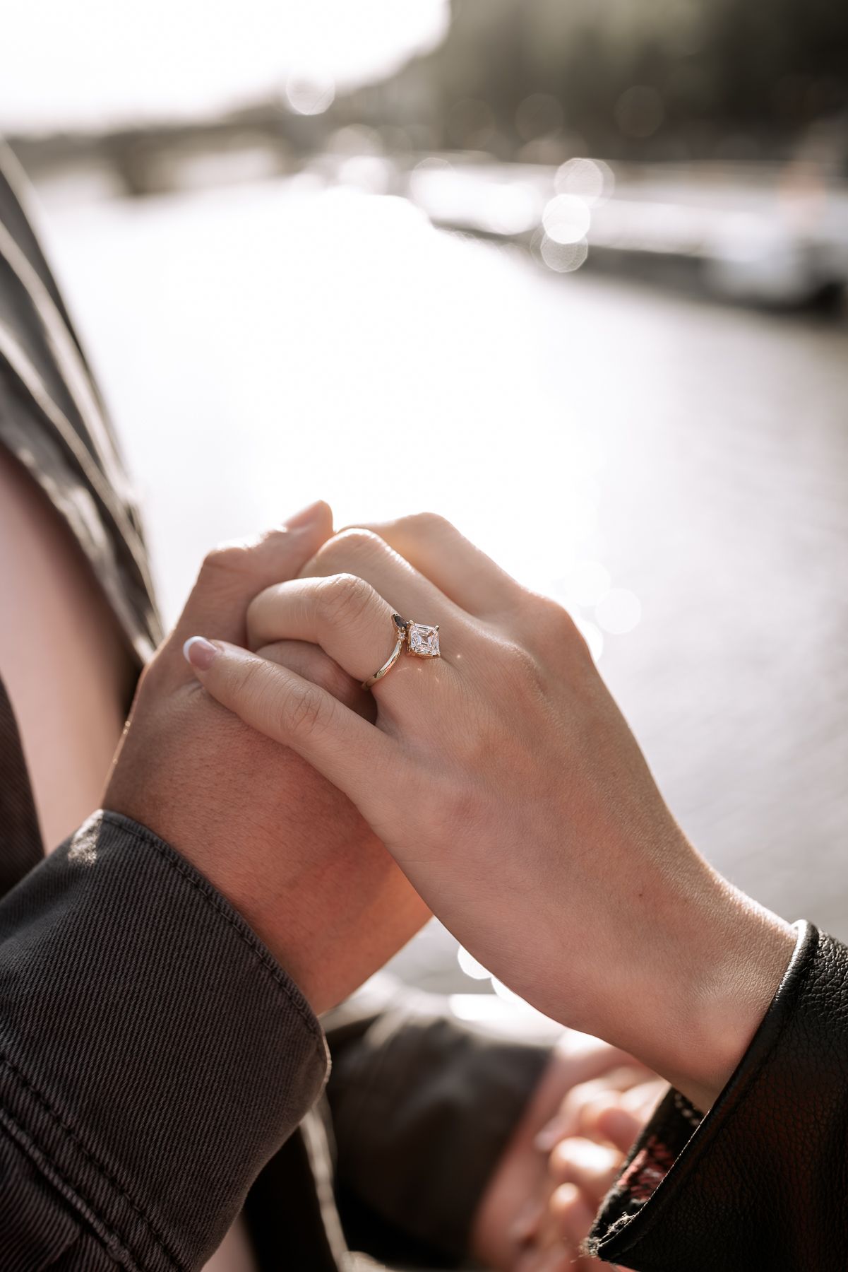 Melbourne photographer Pei A Photography capturing a casual couple's engagement ring for their sunrise engagement photos in the CBD