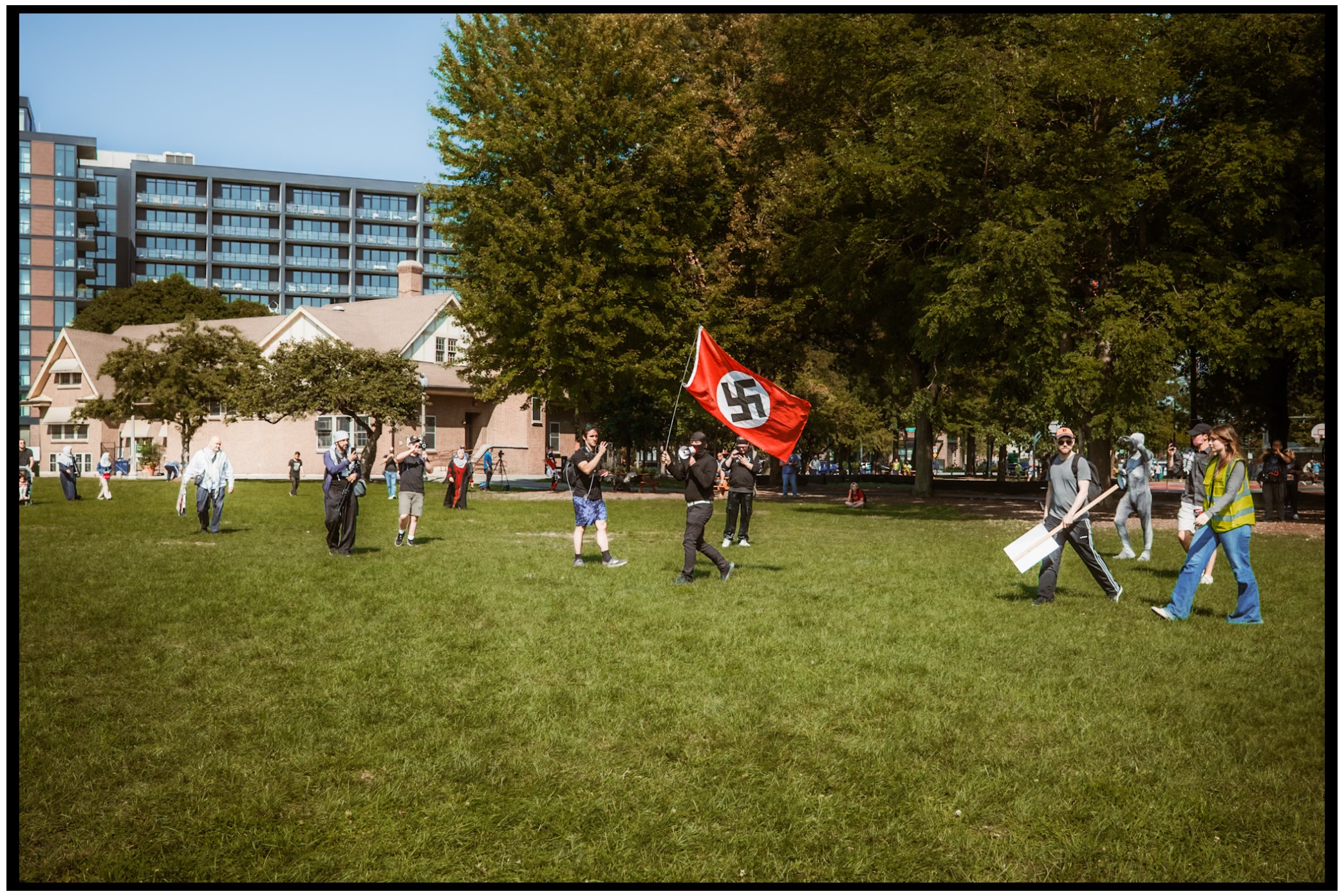 People gathered on a grassy field with flags during a protest rally. Chicago. March on DNC