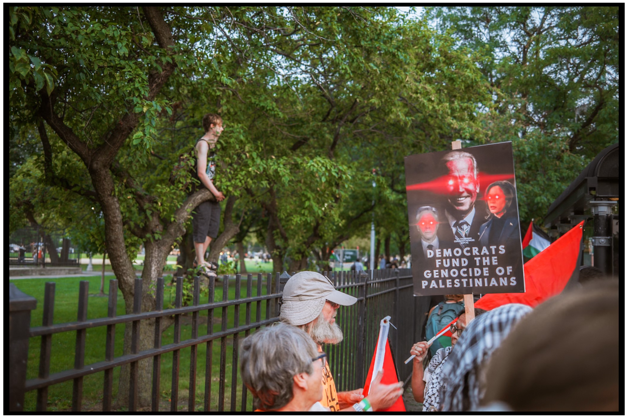 Person stands on fence during protest as crowd gathers below near political signs. Chicago. March on DNC