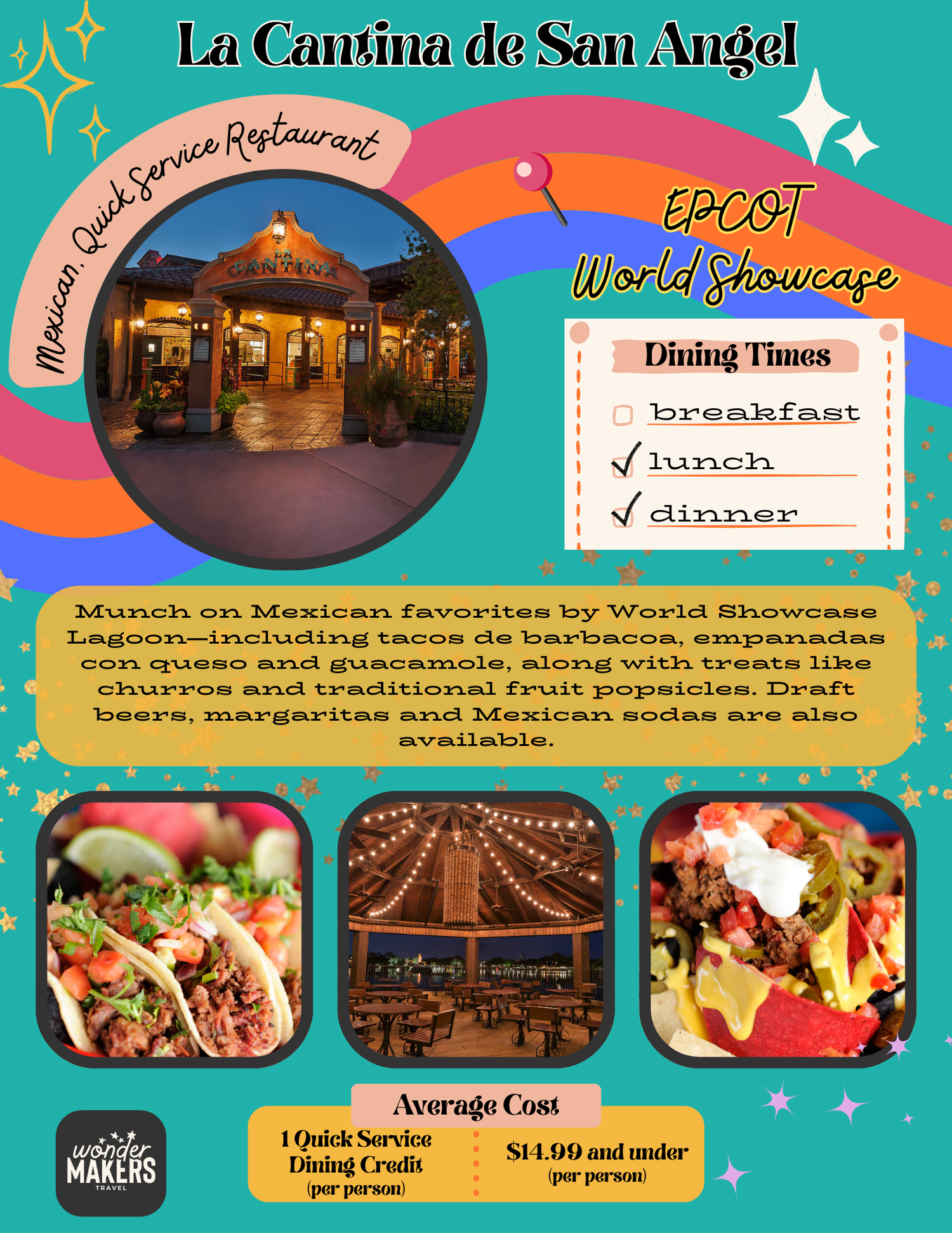 Mexican restaurant entrance decorated with string lights showcases traditional dishes and dining room at La Cantina de San Angel.