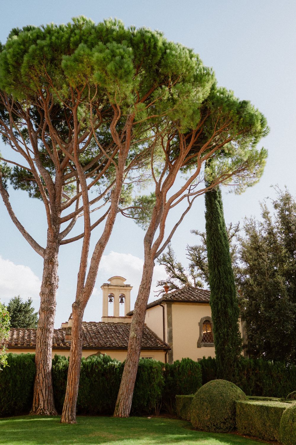 Tall Italian stone pine trees frame a Mediterranean villa with a bell tower and manicured garden in Tuscany.