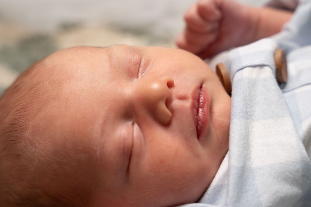 Profile view of sleeping newborn with delicate features in natural light.