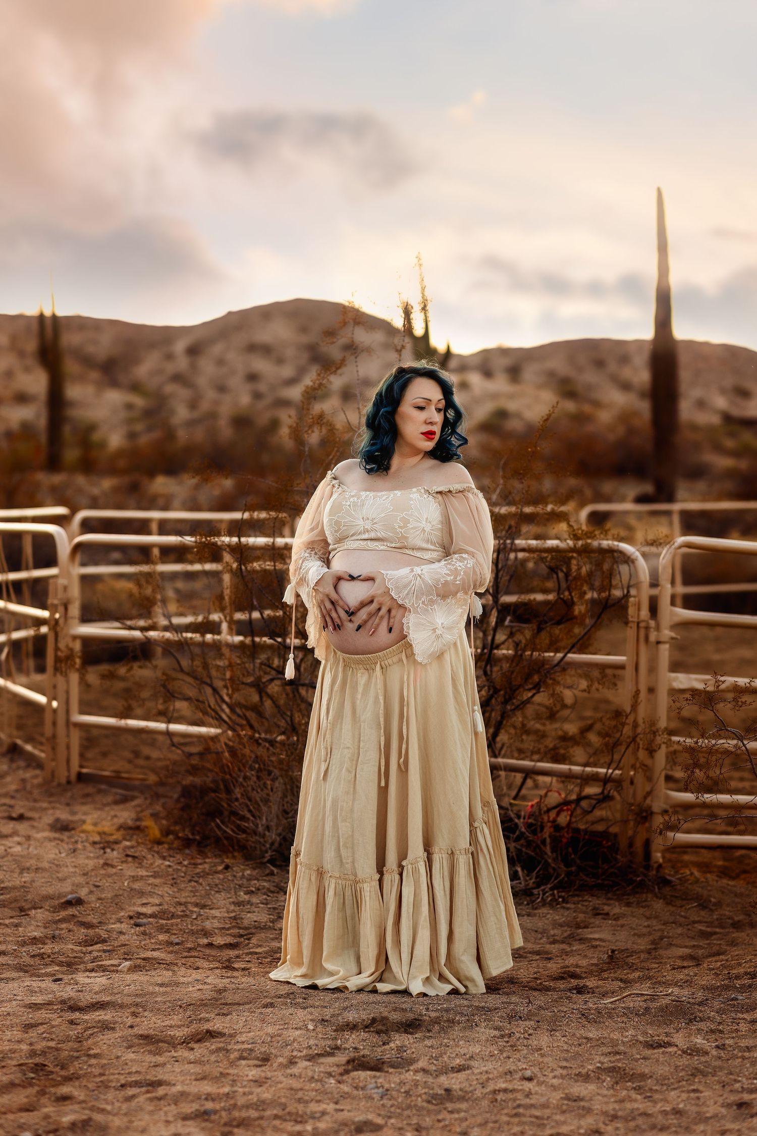 Maternity portrait in cream vintage dress against desert landscape with metal fencing in Phoenix Arizona