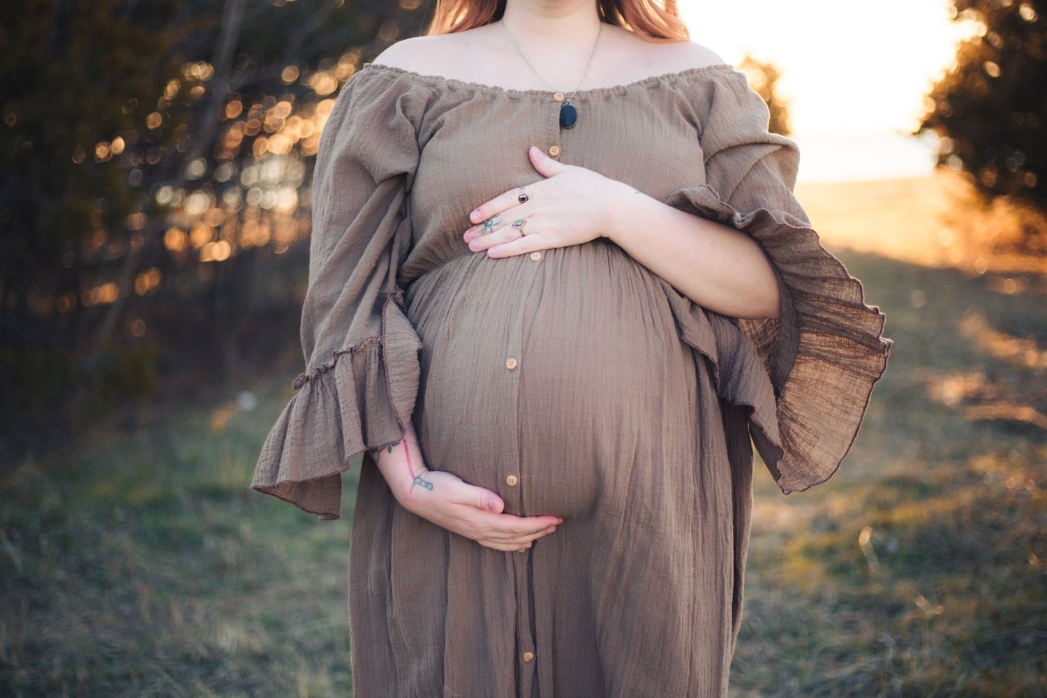 Client closet brown maternity dress featured in Yukon golden hour session