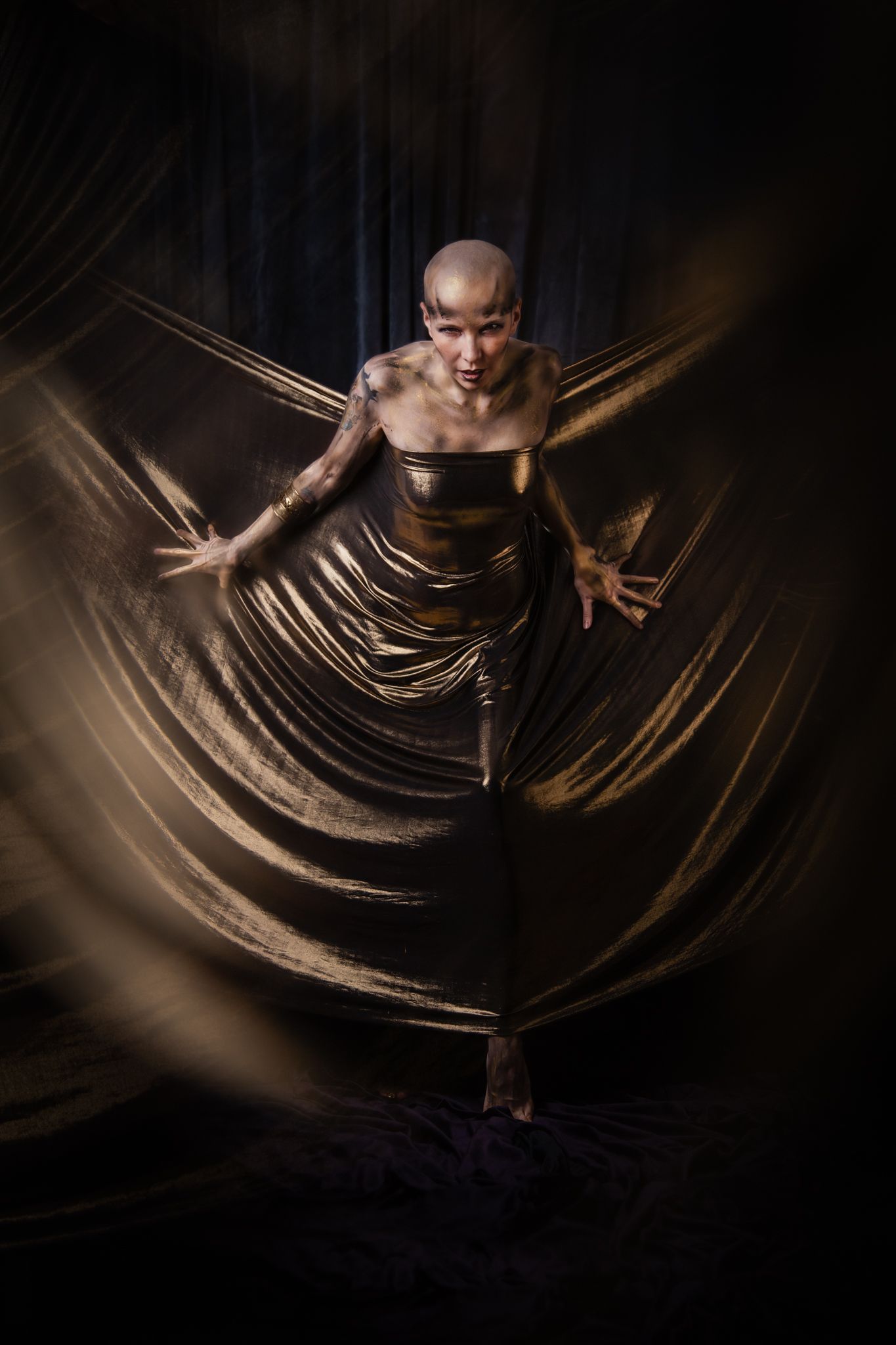 Figure in metallic dress poses dramatically against draped fabric background.
