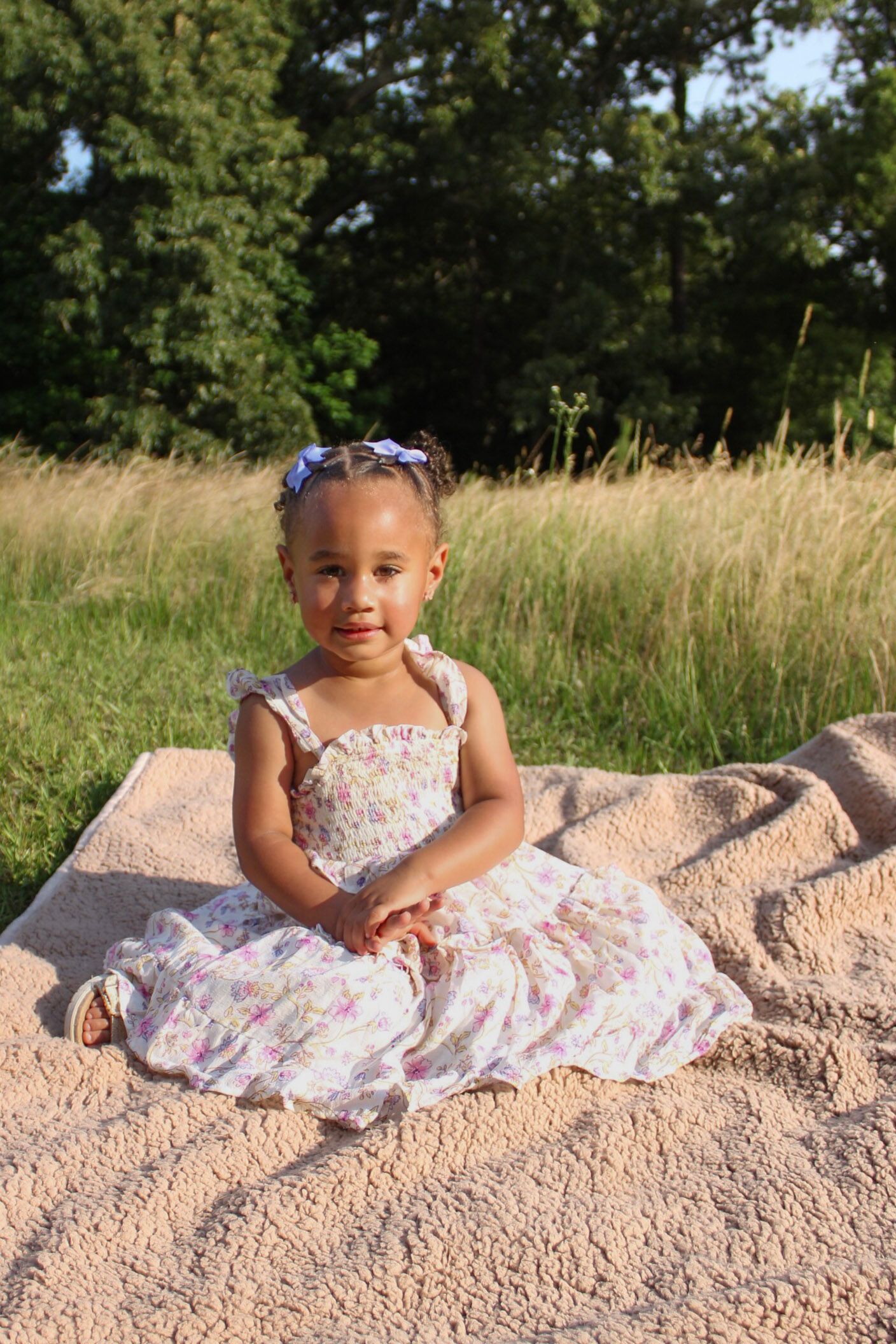 Little girl in floral dress on a blanket in a grassy meadow on a sunny summer day, captured by Raley and Roots Photography.