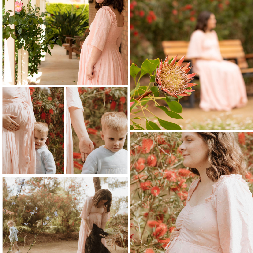 A collection of maternity photos featuring pink dresses and garden florals.