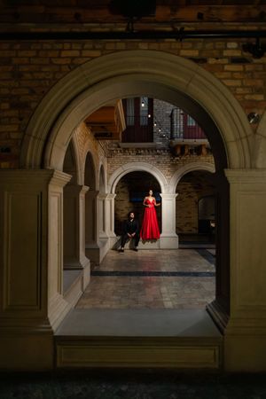 Elegant stone archways frame a couple in formal attire standing in a historic building's corridor.