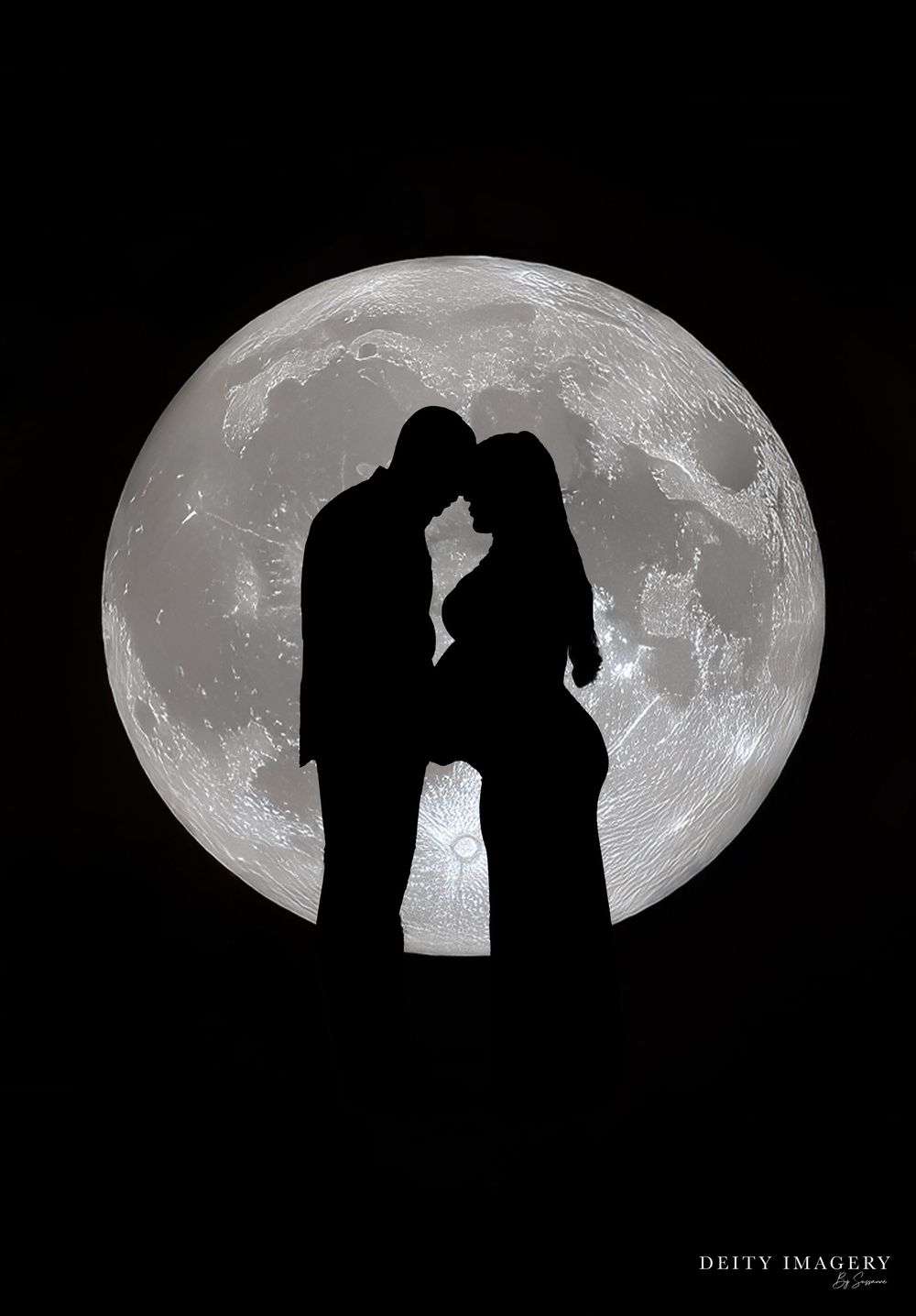 A romantic silhouette of a couple stands against a large full moon background creating a dramatic moonlit scene.