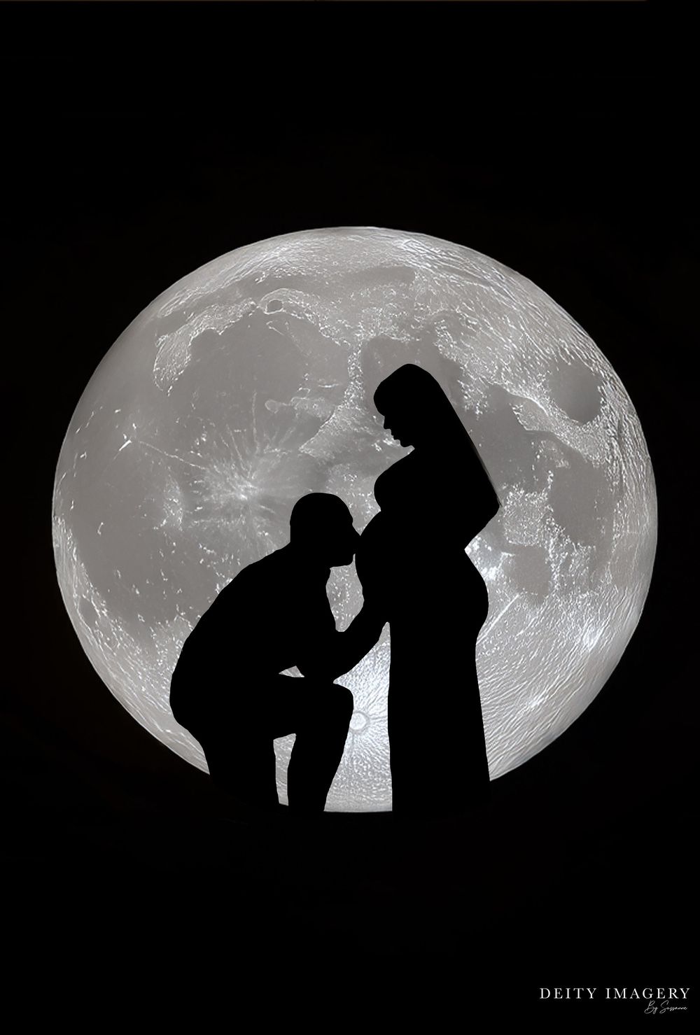 A series of silhouetted figures against a bright full moon creating a romantic moonlit scene across multiple frames.