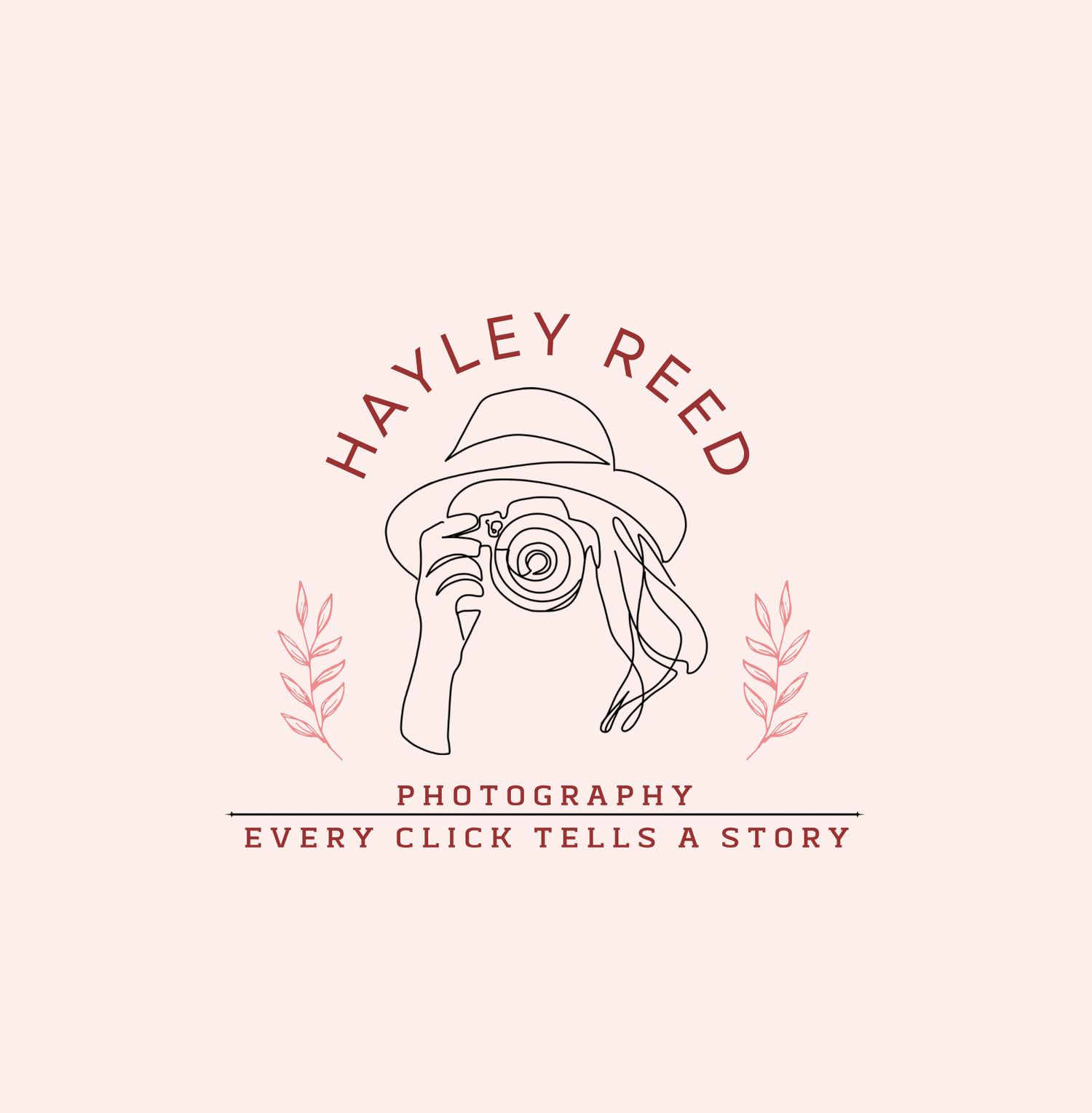 Hand-drawn photography logo design featuring a figure holding a camera with decorative leaves and text in pink.