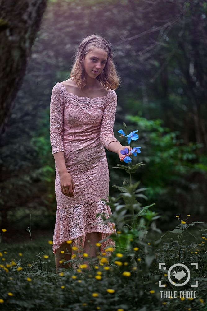 A person in a pink lace dress standing among flowers in a dreamy forest setting.