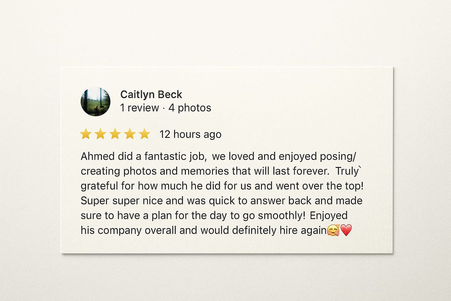 Client review with five star rating for photography services displayed on white background.