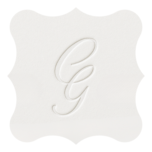 Elegant cursive letter G monogram in white embossed on a decorative square frame background.