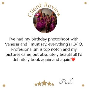 A 5-star client review card with a circular photo showing people in magenta outfits, praising photography services.