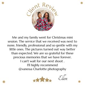 A client review testimonial with gold details showing a glowing 5-star rating and positive feedback for photography services.