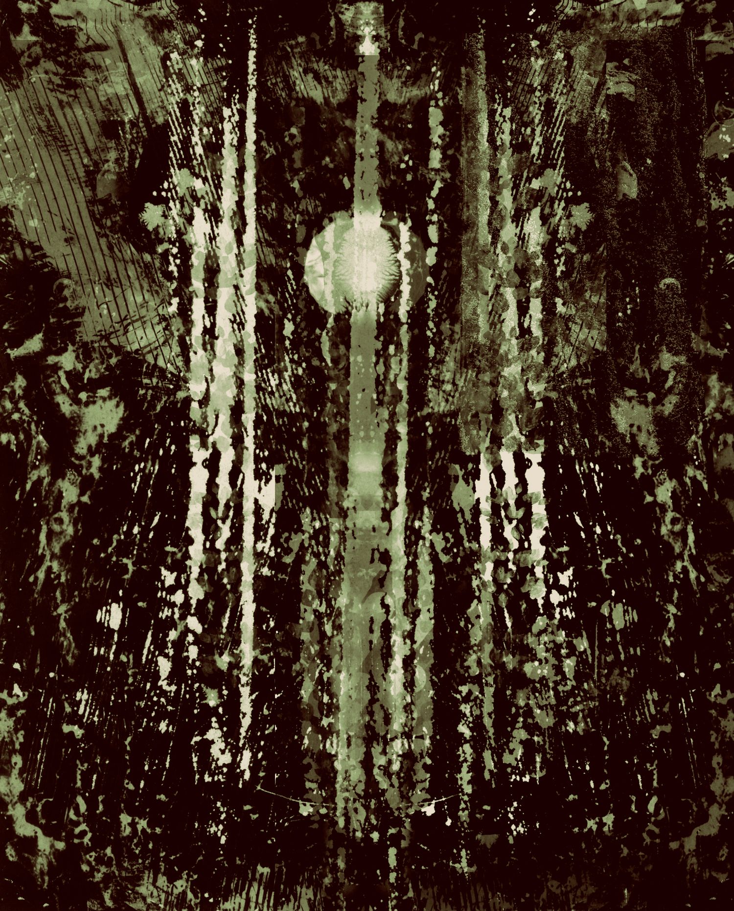 Moody forest scene with vertical streaks creating ethereal atmosphere in green tones.