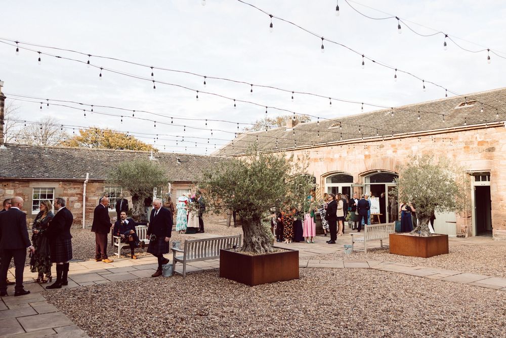 Outdoor wedding reception venue with string lights and potted olive trees in a rustic courtyard setting.