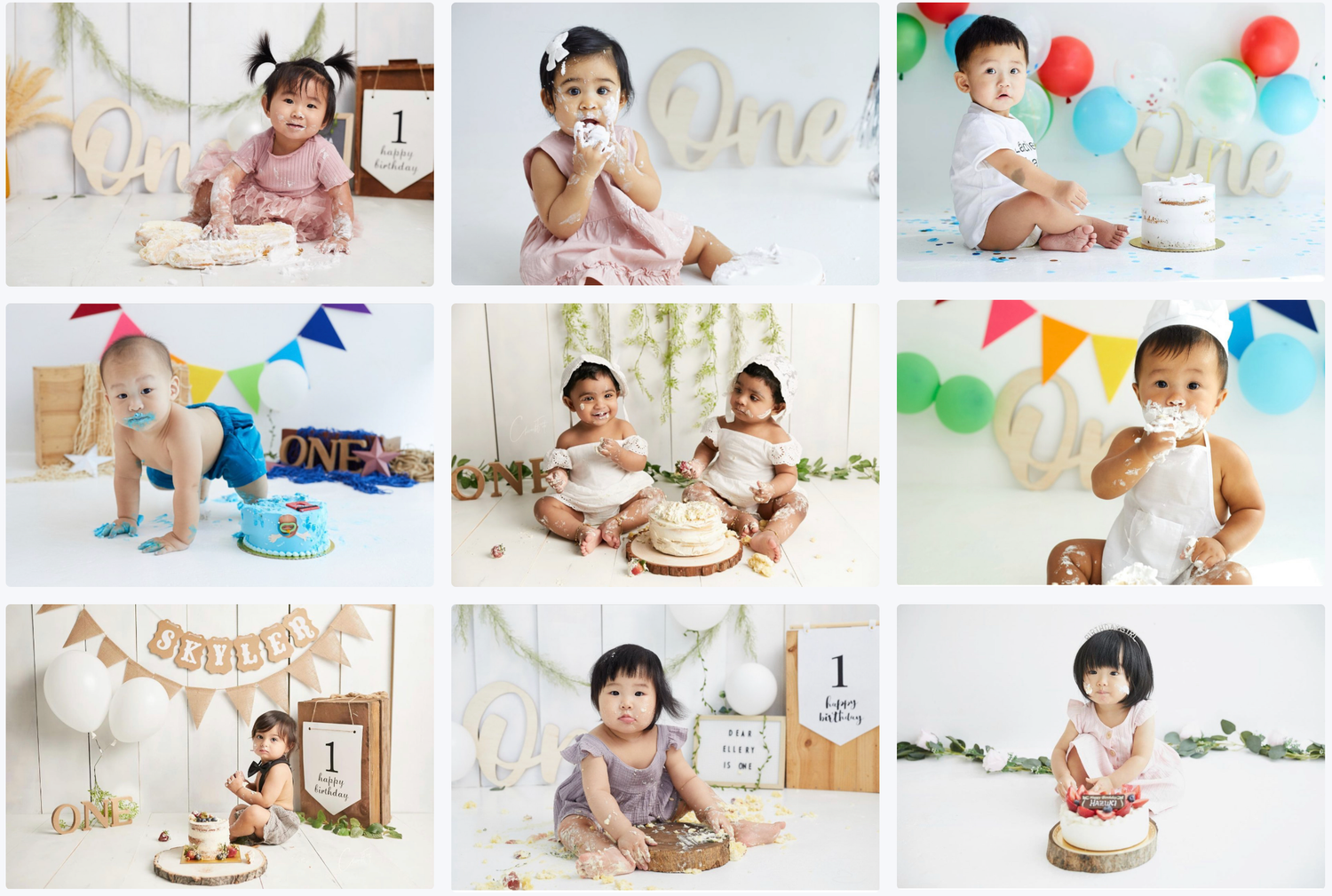 Collection of baby milestone and birthday photos with colorful party decorations.
