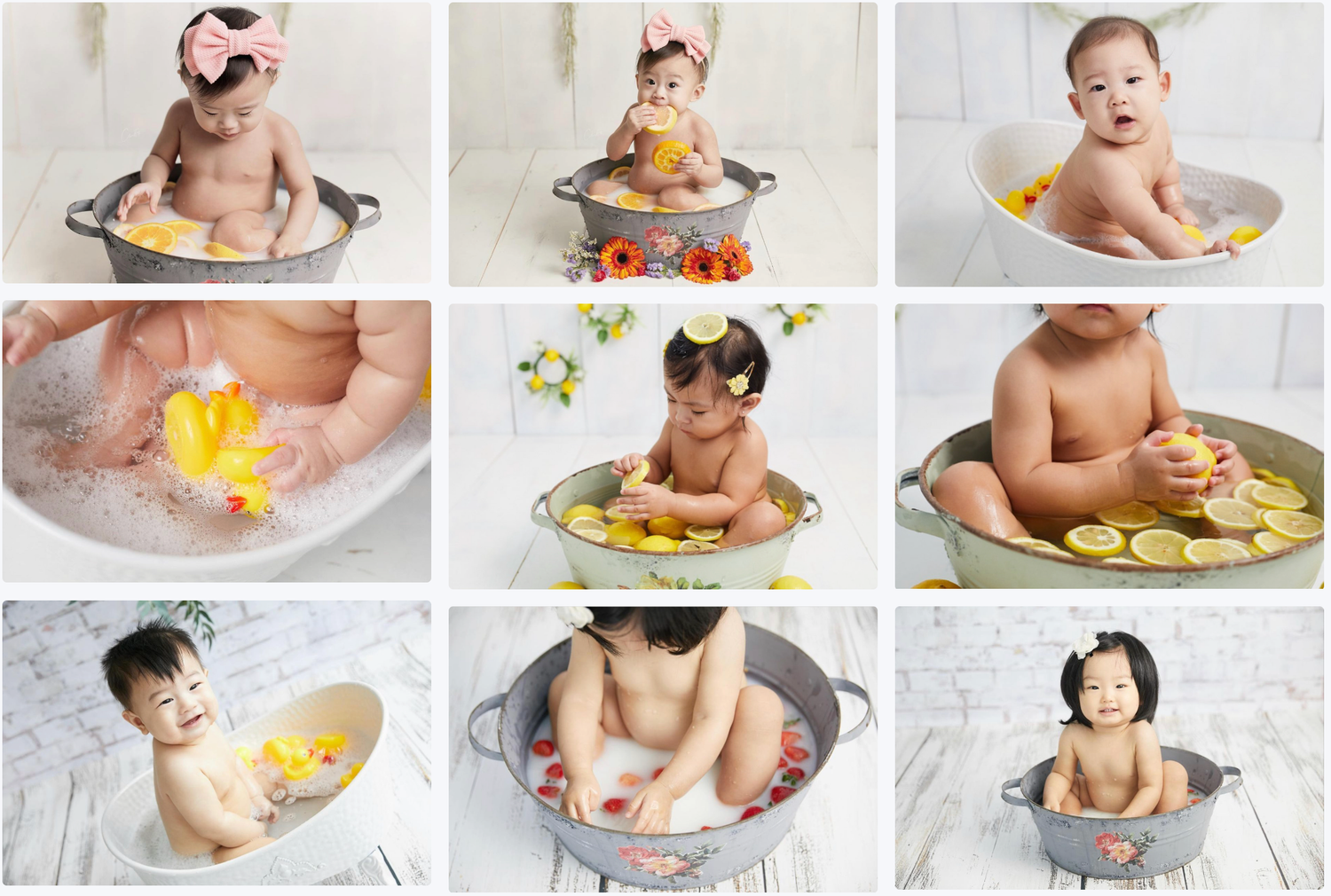 Series of baby bath photography with rubber ducks and playful props.