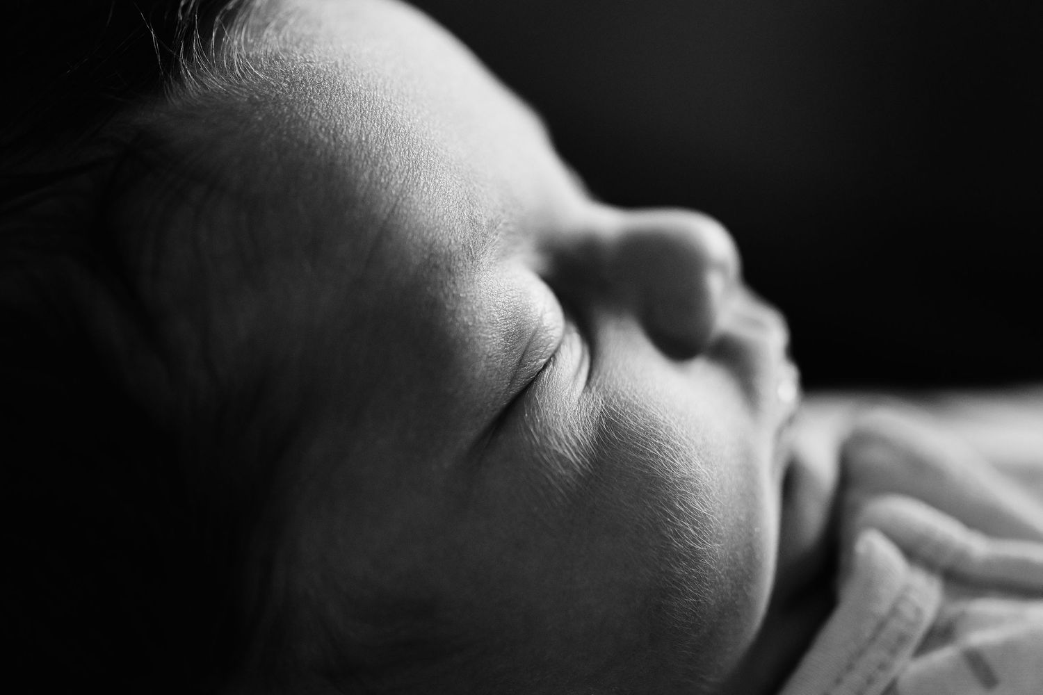 A black and white close-up photo shows a newborn macro image profile in dramatic lighting against a dark background.
