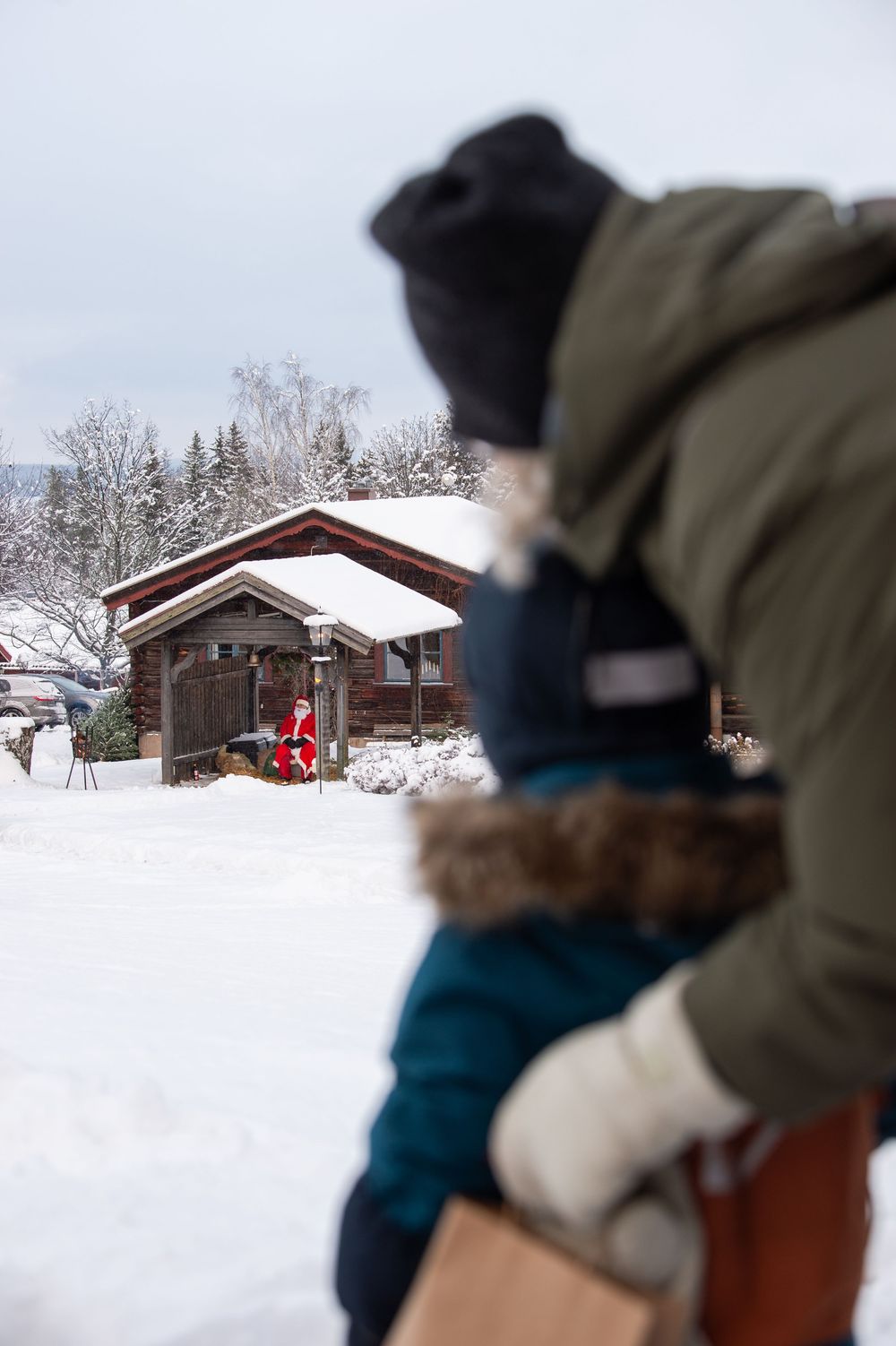 Snow-covered cabin buildings in a winter landscape with evergreen trees.