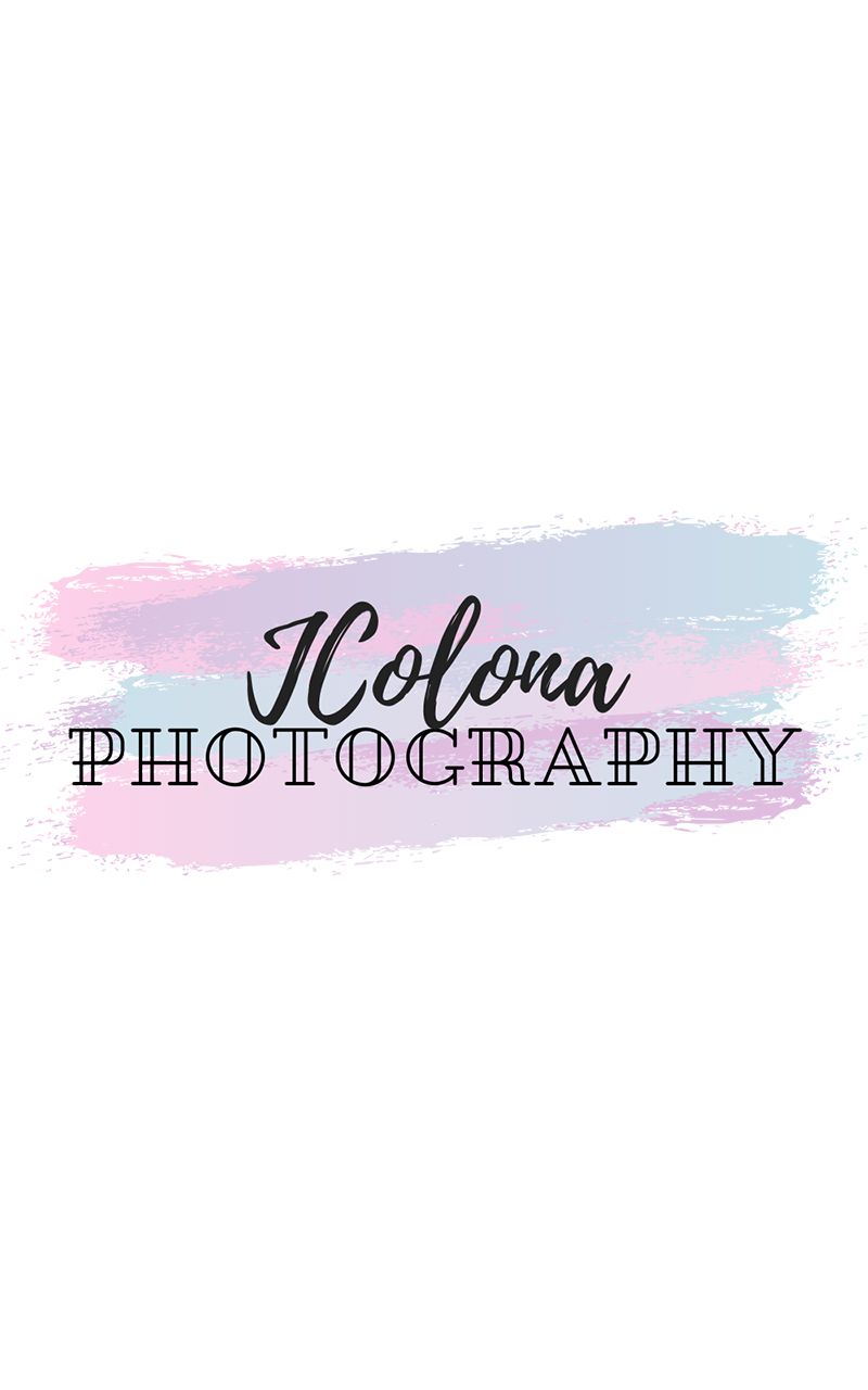 Photography business logo with watercolor pastel pink and blue brush strokes and stylized black text reading JColona Photography.