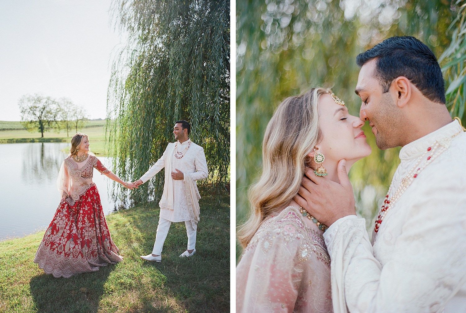 A romantic engagement photo session by a willow tree on a sunny day at a lakeside park.