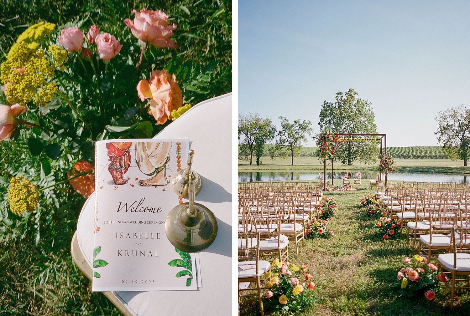 Rustic outdoor wedding ceremony setup with wooden chairs and floral arrangements in a natural field setting.