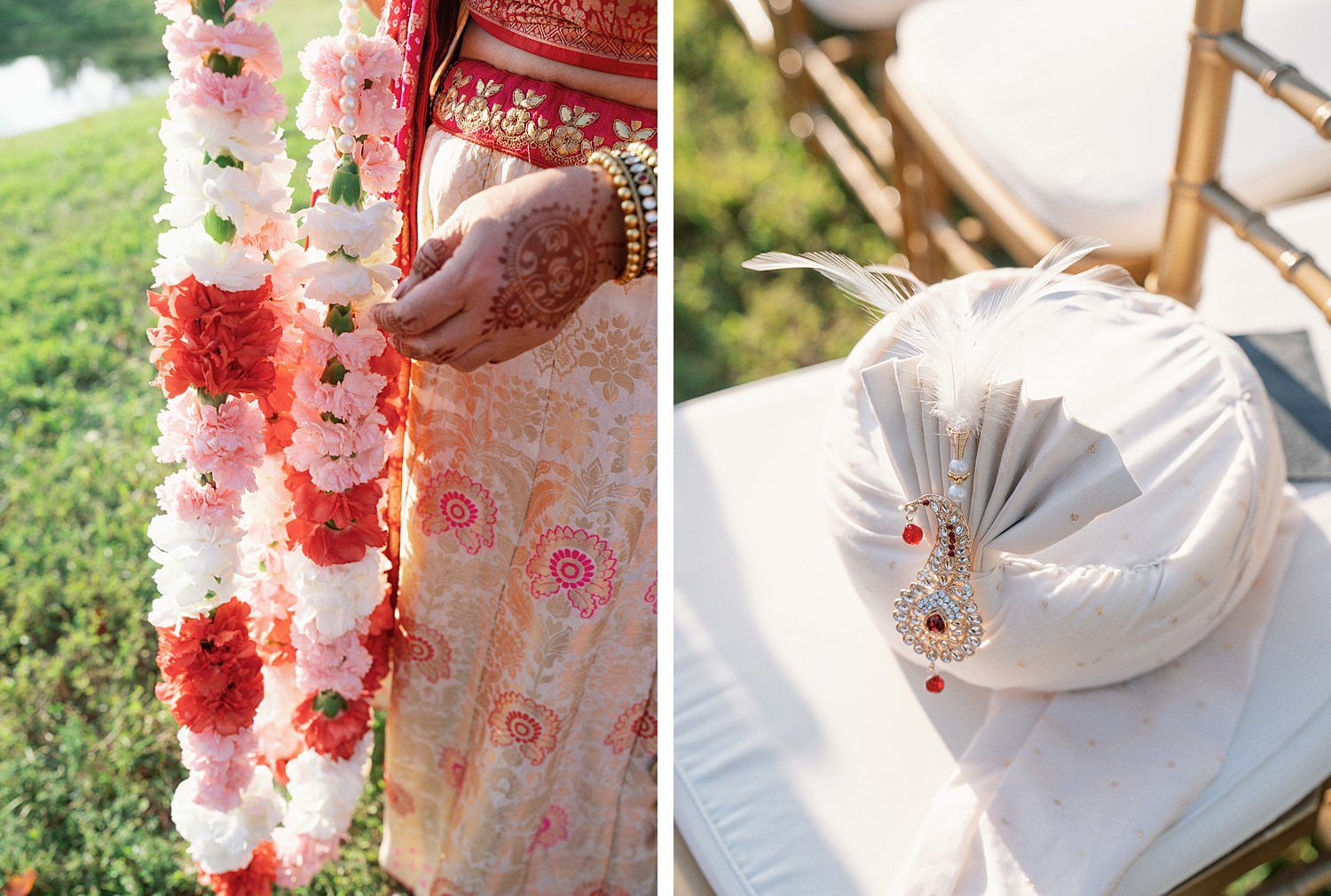 Elegant wedding cake with cascading pink and coral sugar flowers set against a sunny outdoor backdrop.