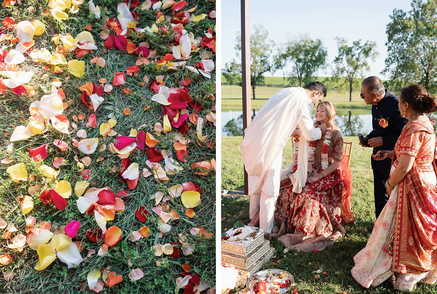 Two images side by side showing a floral wall with colorful butterflies and a romantic outdoor wedding ceremony scene.