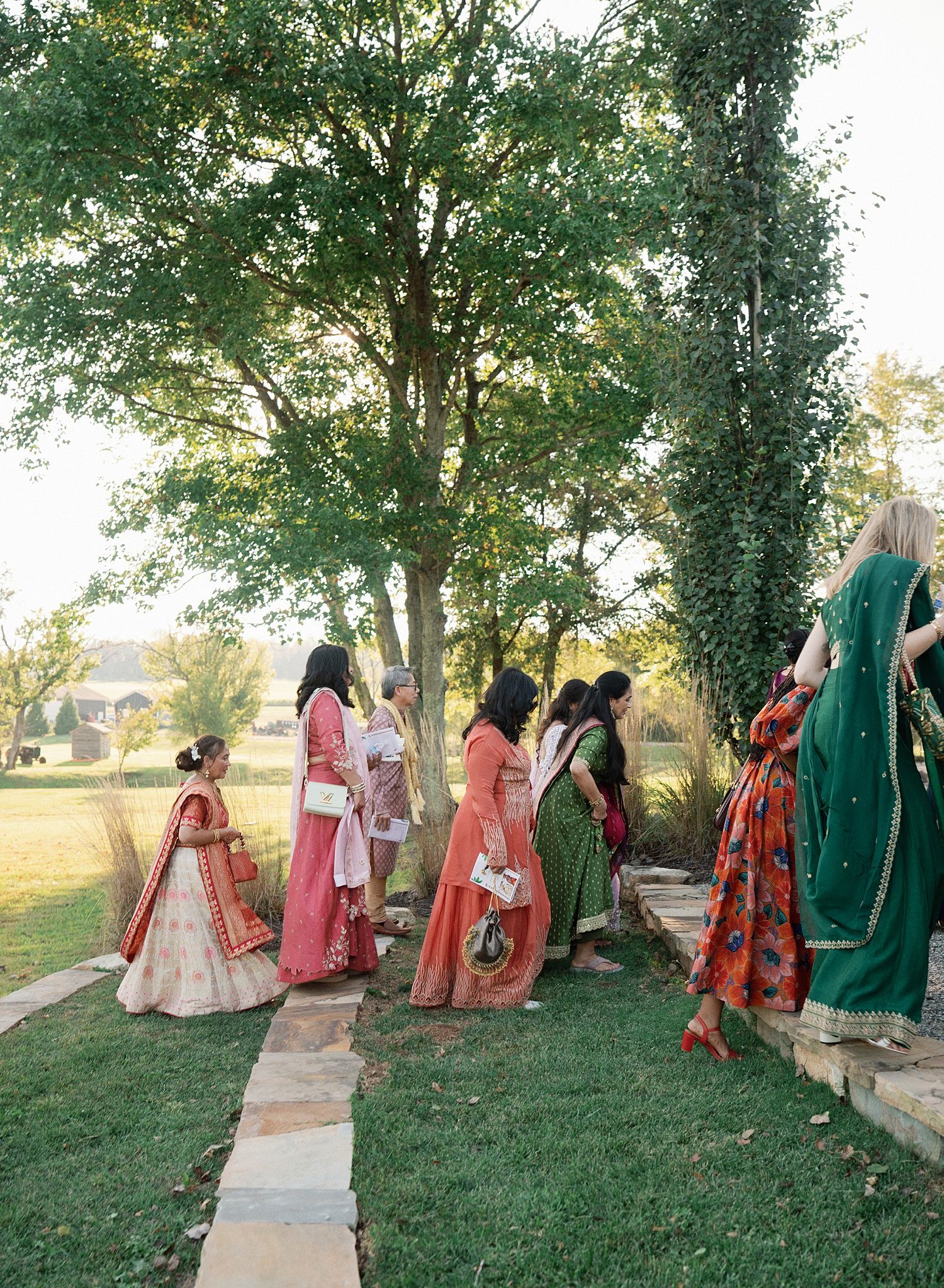 A group in colorful traditional Indian attire poses along a garden pathway during a wedding celebration.