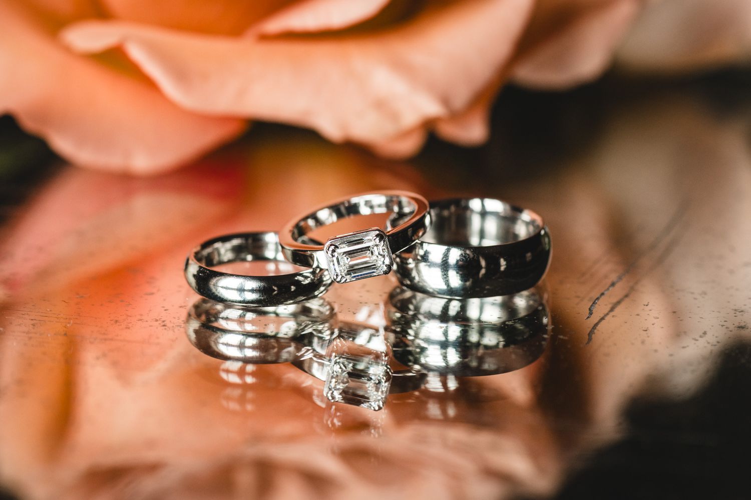 Wedding rings and bands arranged artistically on a peach-colored rose petal.