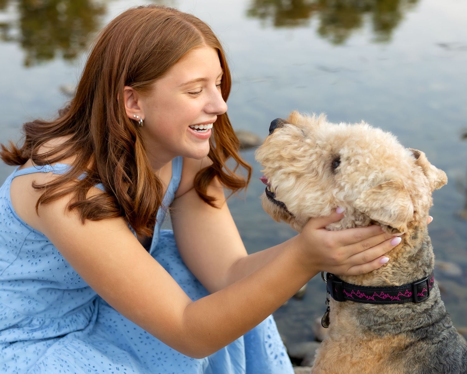 A person lovingly pets and interacts with their cream-colored terrier dog outdoors near water.