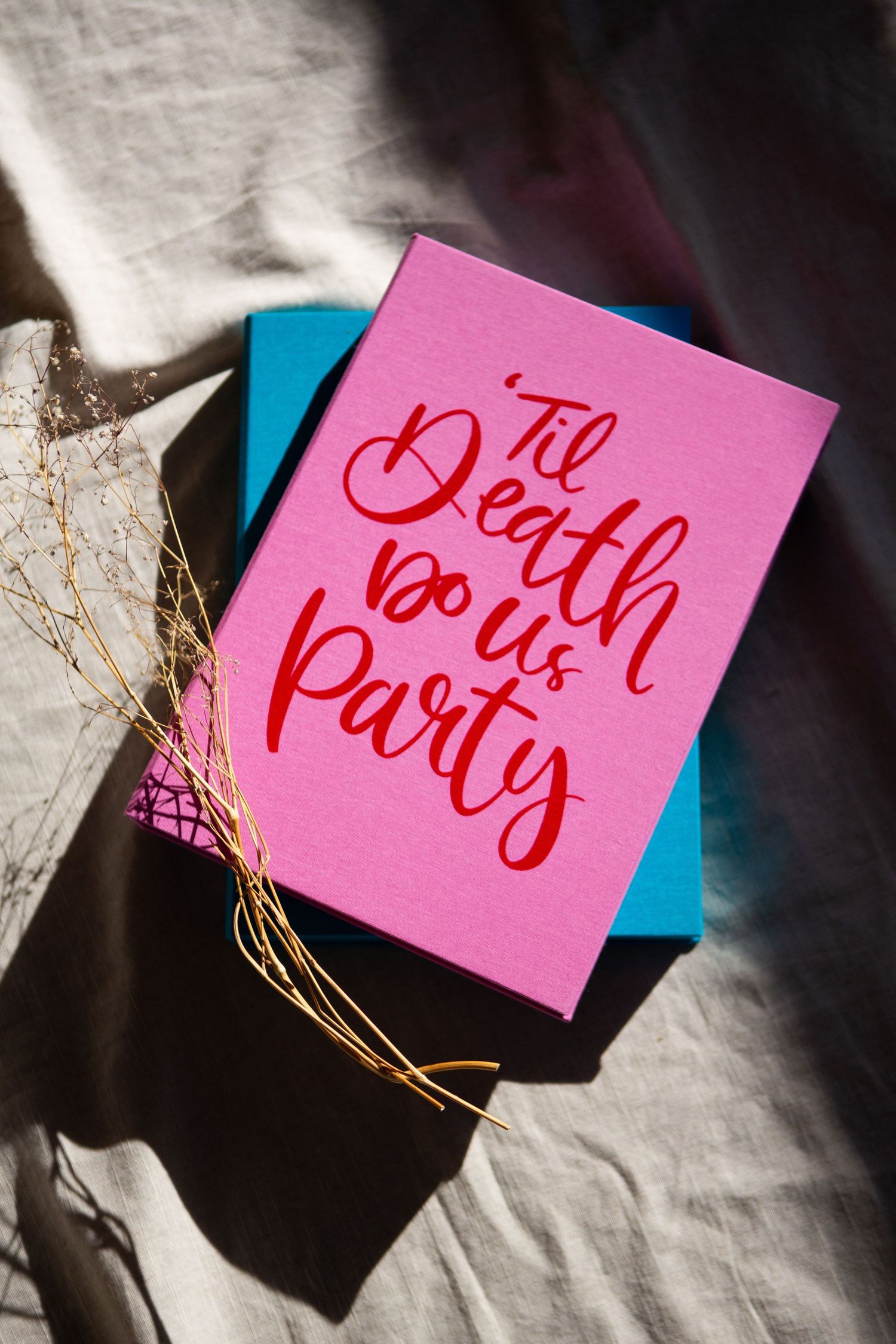 Pink paper notes with handwritten text 'party' arranged in a sequence with dramatic shadows and string details.