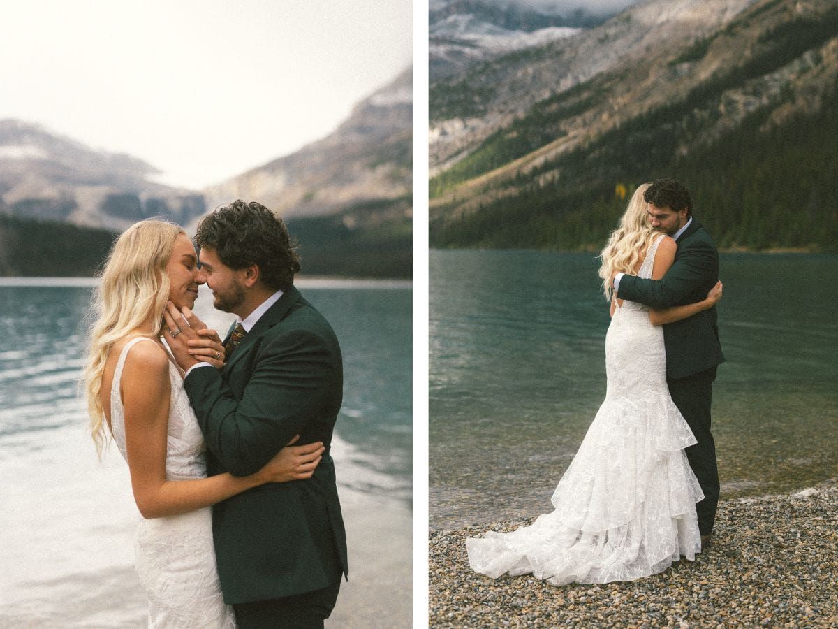 bride and groom hug tightly beside a mountain lake in Banff
