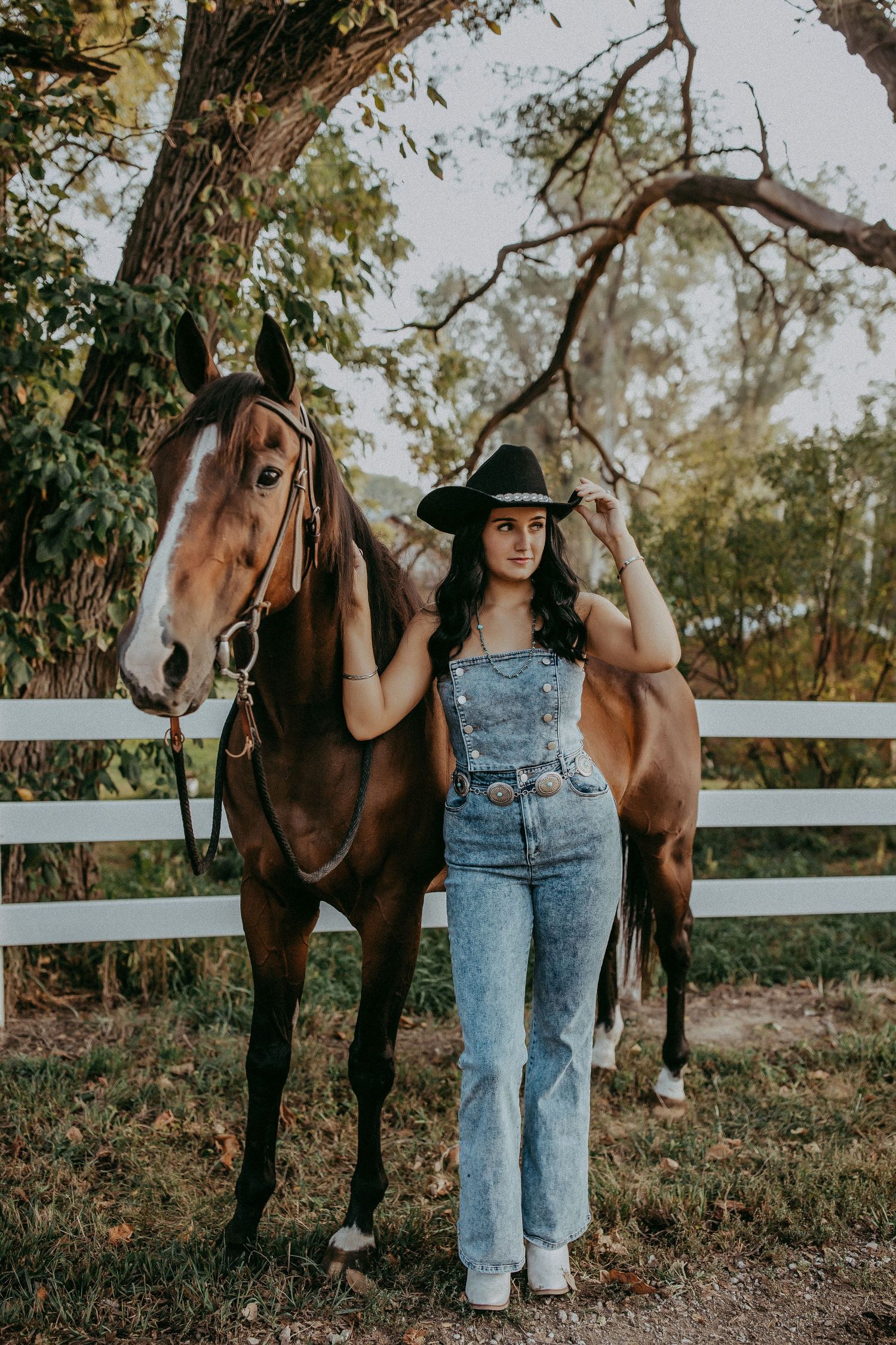 Country western style portrait with brown horse and white fence in Kansas rustic setting.