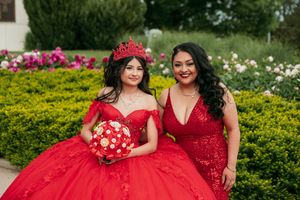 Festive quinceañera party photos with court members in red and black attire in garden setting.