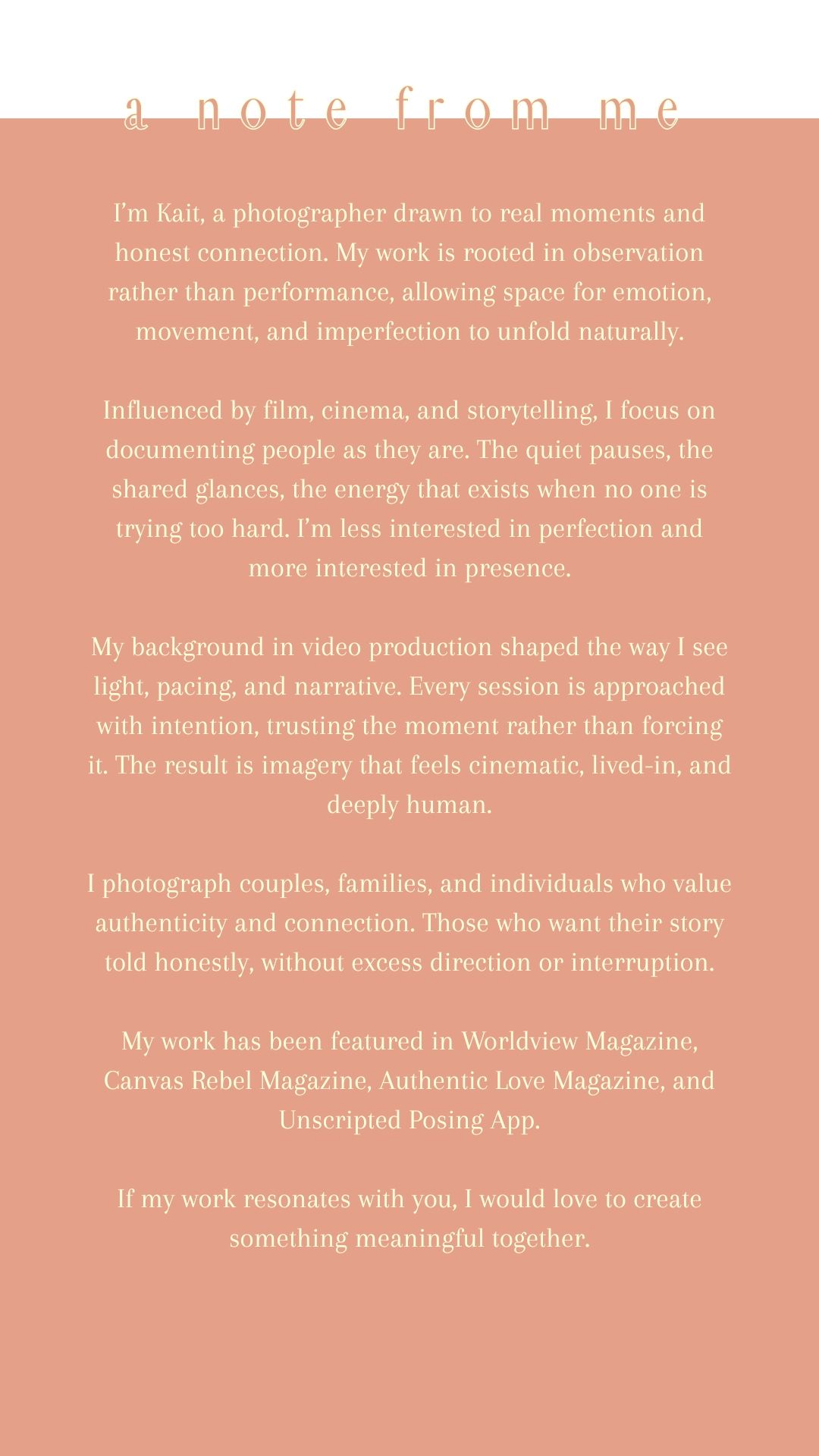 A photographer's professional bio text on a peach-colored background describing their artistic approach and style.