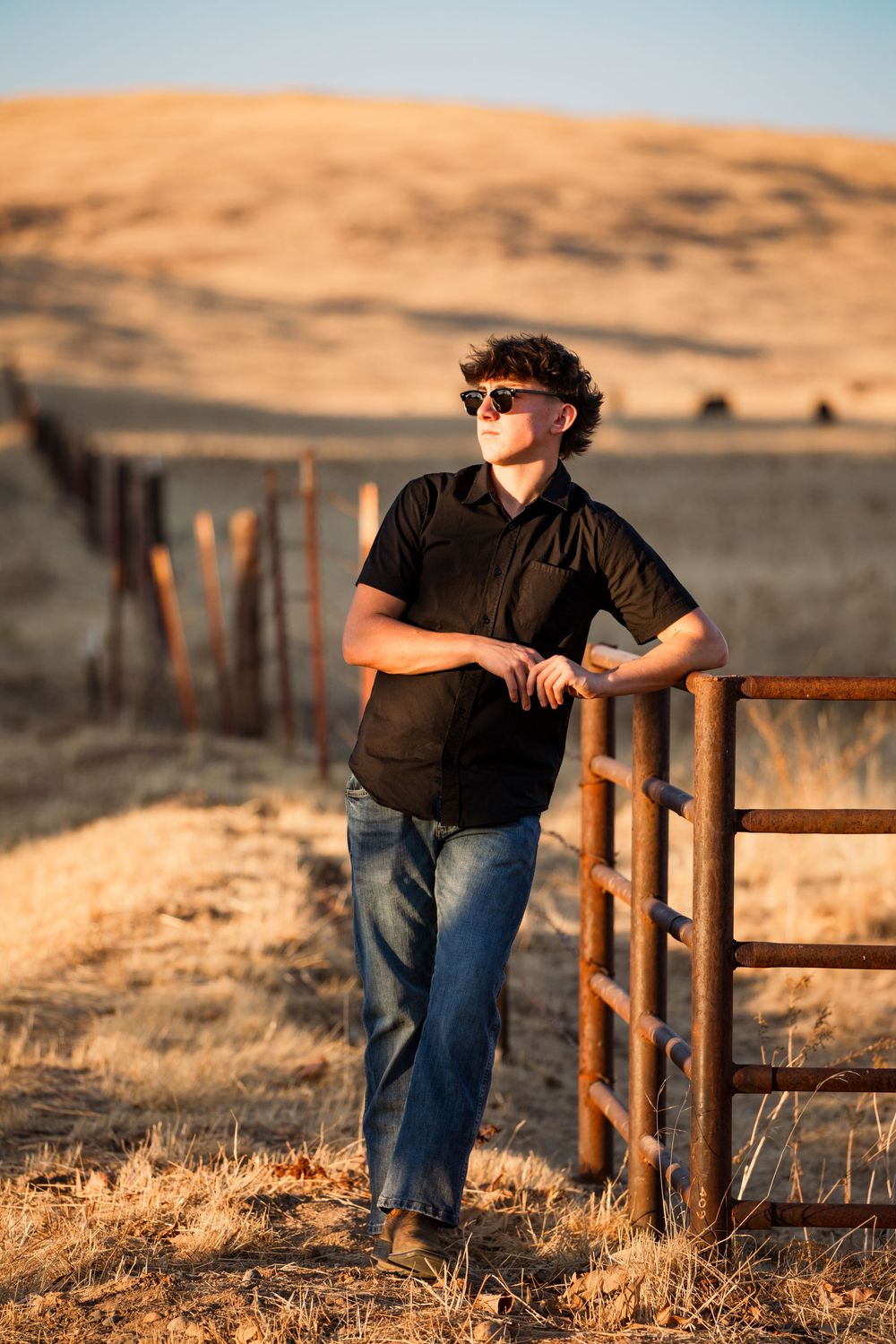 A figure in black shirt and jeans leans against a wooden fence at sunset in a rural desert landscape.