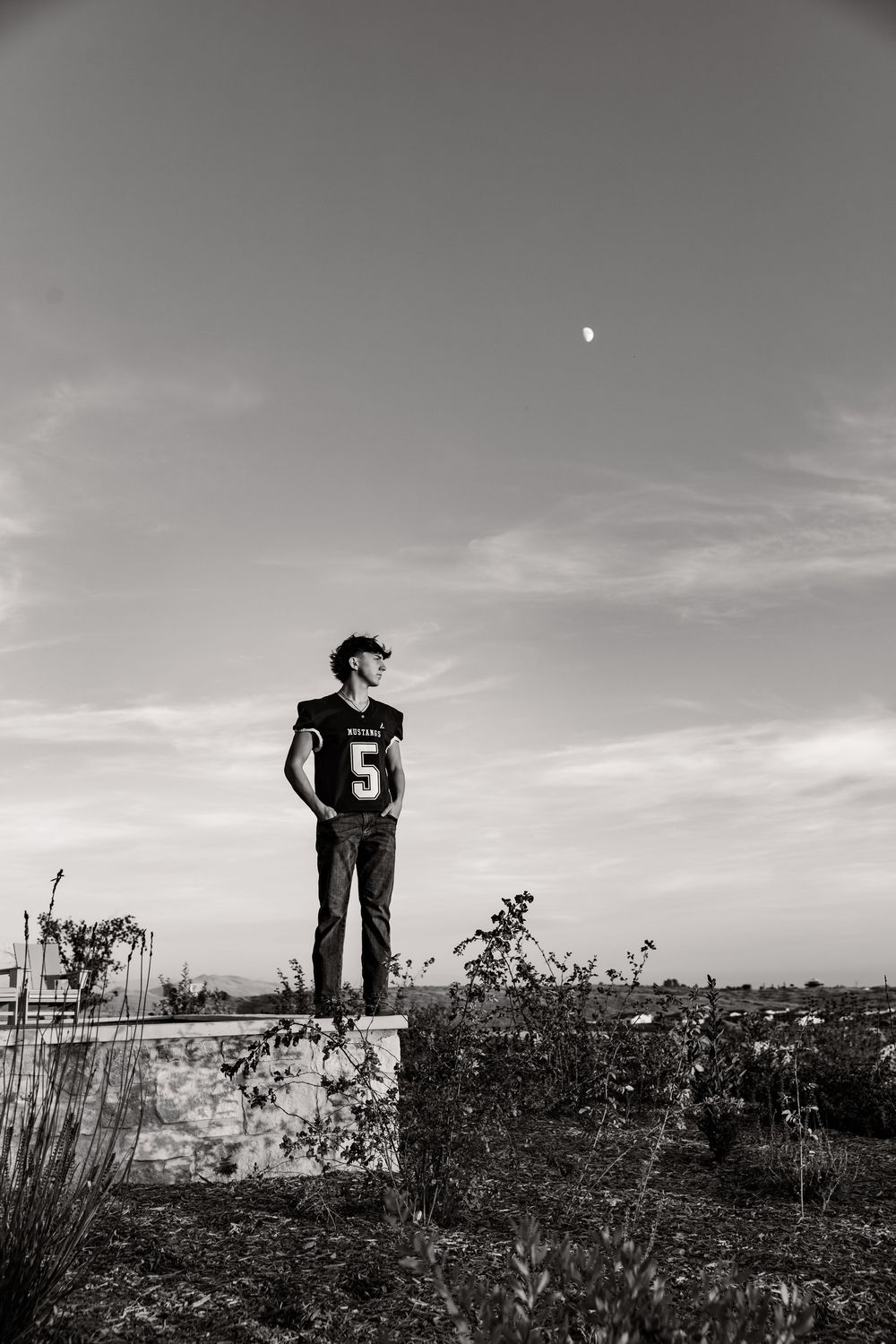 Black and white panoramic sequence showing silhouettes standing on a hill against a cloudy sky at dusk.